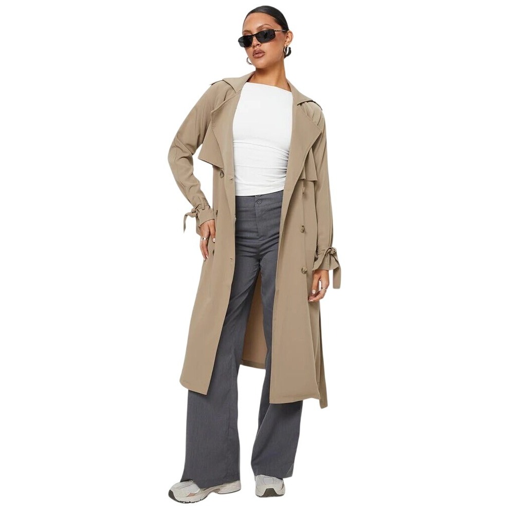 Princess Polly Khaki Tan Double Breasted Trench Coat Longline Tie Cuff Size 8